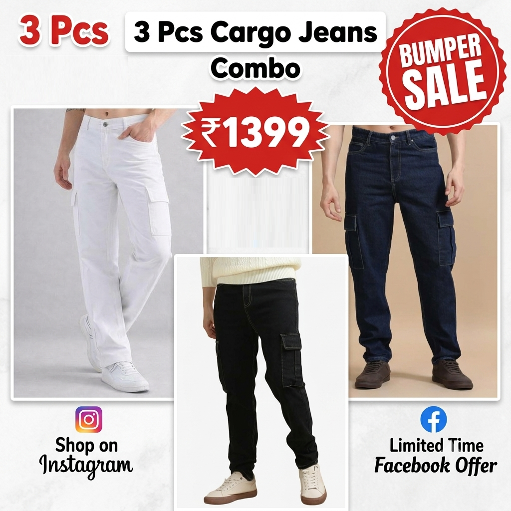 Tokyo Stitch Dark Blue , White , Black - Set of 3 (combo Set) denim cargo's for men