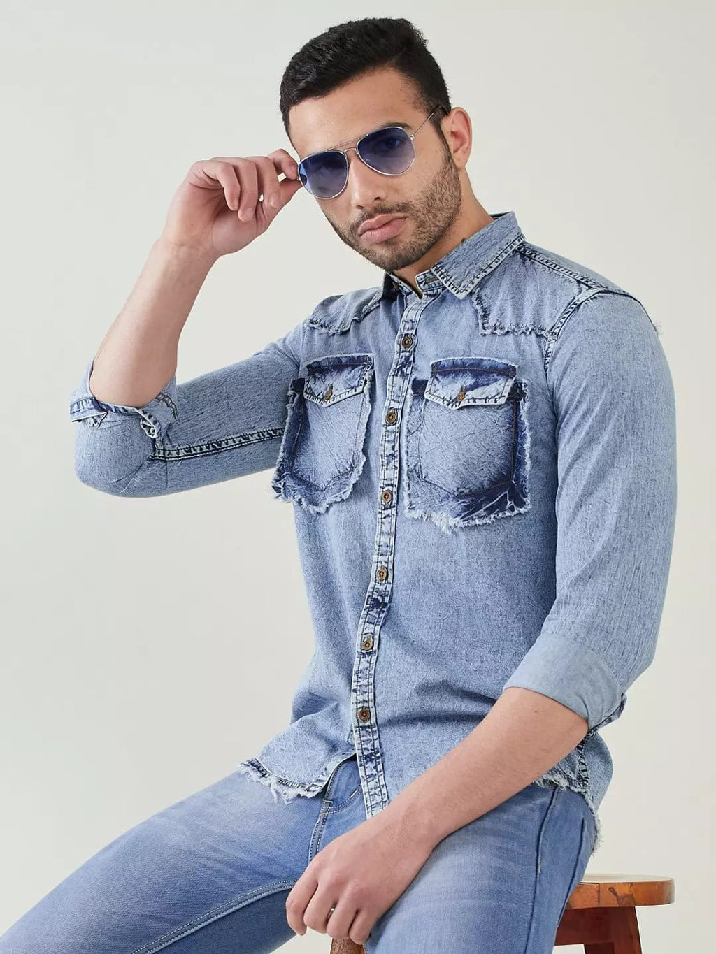 Tokyo Stitch Light Blue ice wash denim shirt for men