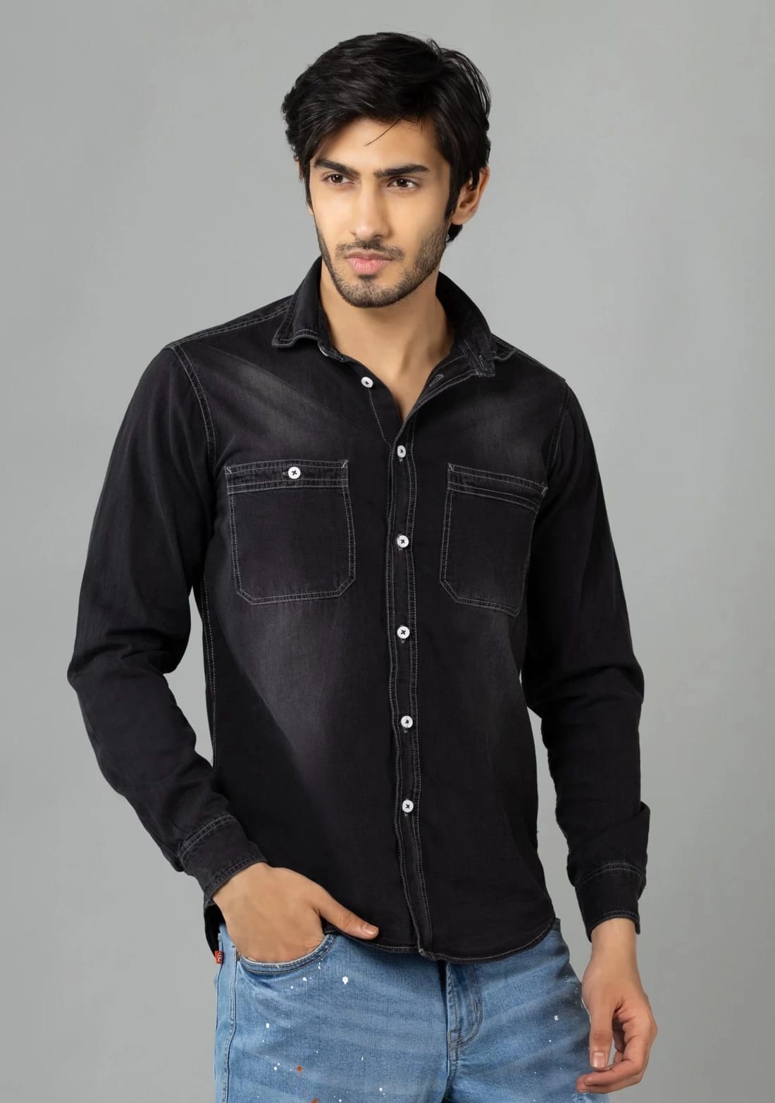 Tokyo Stitch dark black denim shirt for men