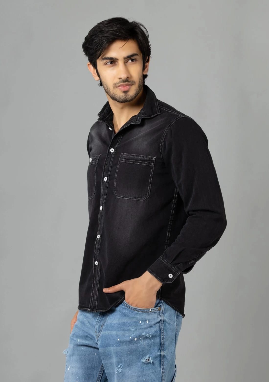Tokyo Stitch dark black denim shirt for men