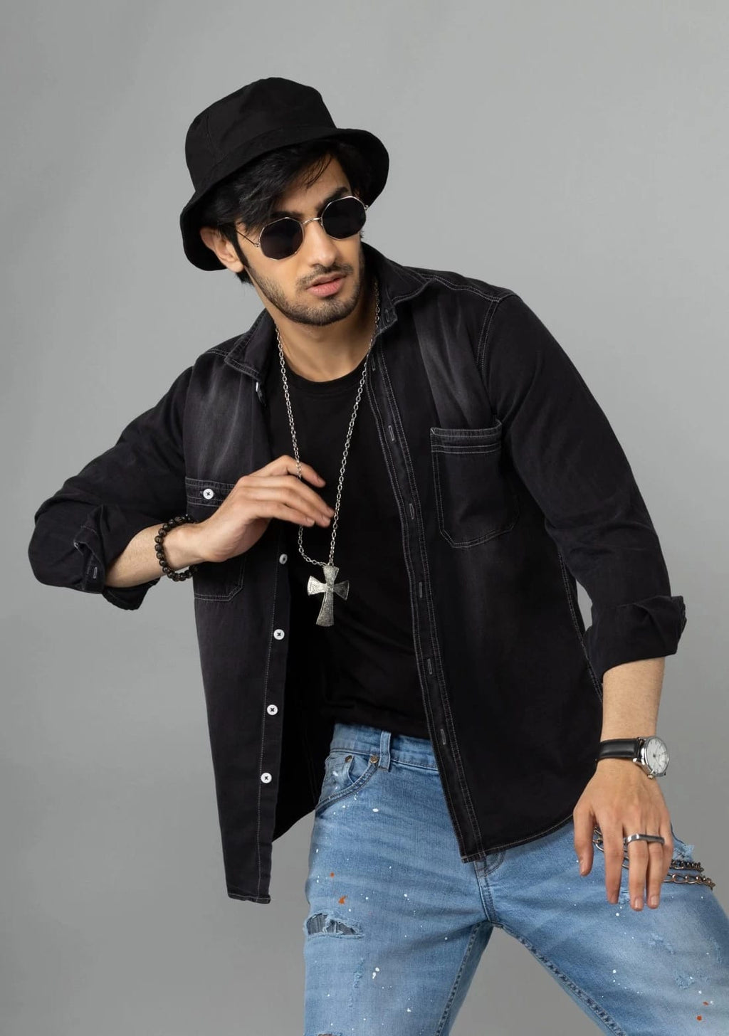 Tokyo Stitch dark black denim shirt for men