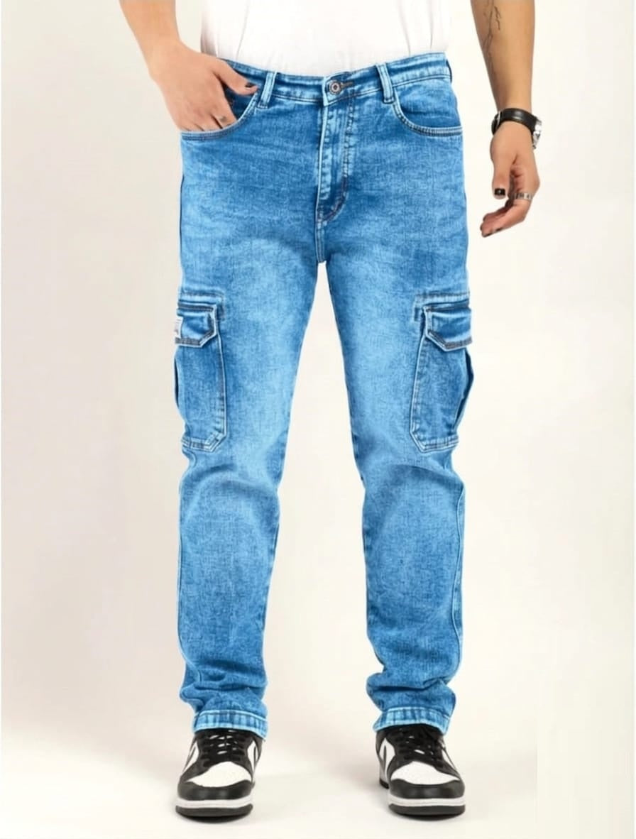 Tokyo Stitch Light Med Blue six pocket denim cargo for men