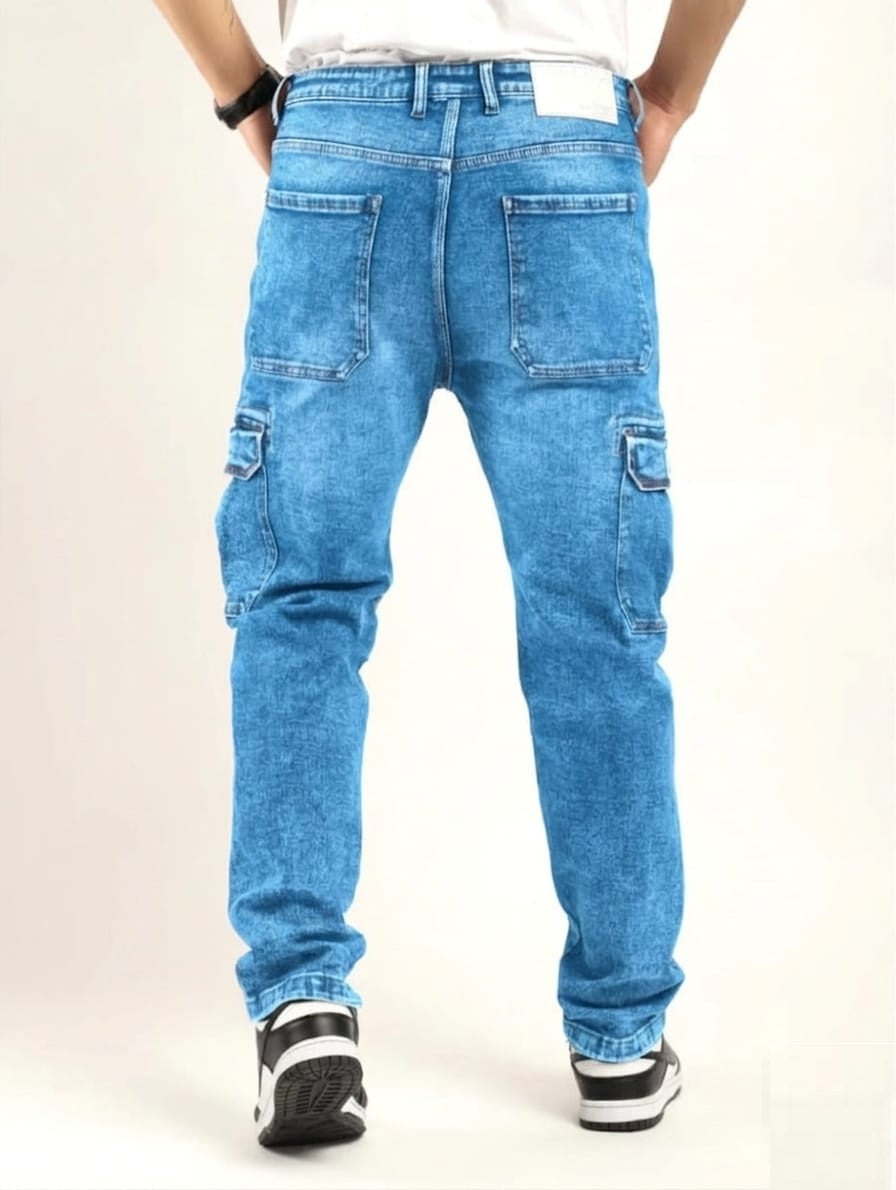 Tokyo Stitch Light Med Blue six pocket denim cargo for men