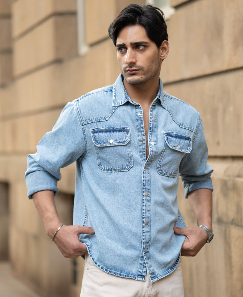 Tokyo Stitch Light (Sky) Blue denim shirt for men