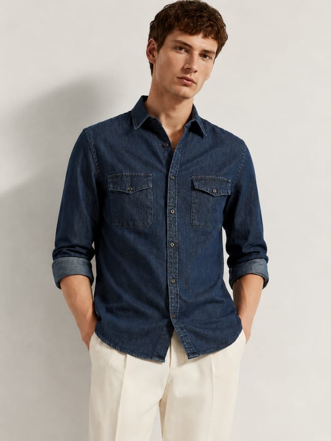 Tokyo Stitch dark navy Blue denim shirt for men