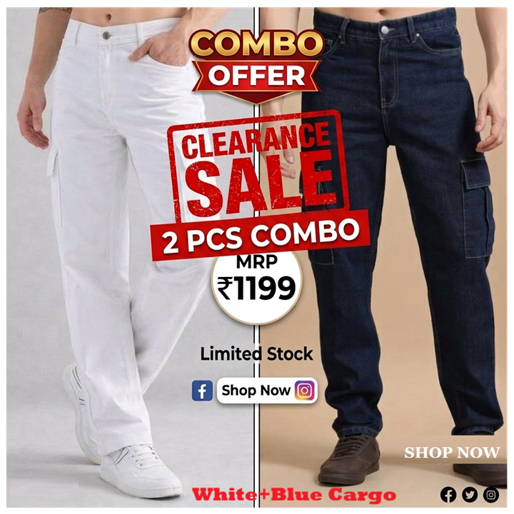 Tokyo Stitch White + Blue - Set of 2 (combo Set) denim cargo's for men